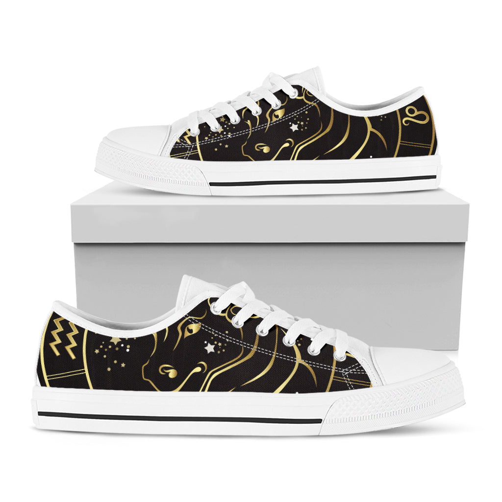 Gold And Black Taurus Sign Print White Low Top Shoes