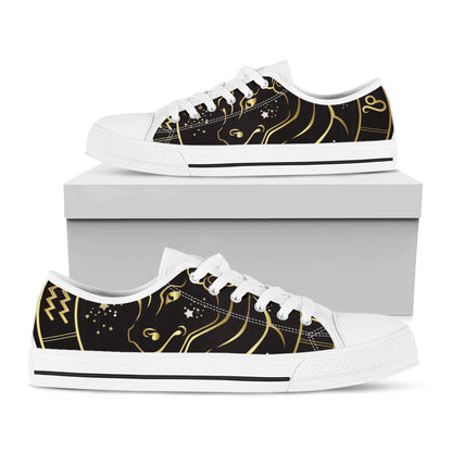 Gold And Black Taurus Sign Print White Low Top Shoes