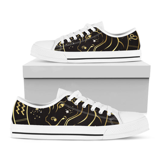 Gold And Black Taurus Sign Print White Low Top Shoes