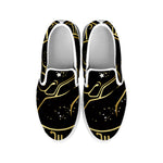 Gold And Black Taurus Sign Print White Slip On Shoes
