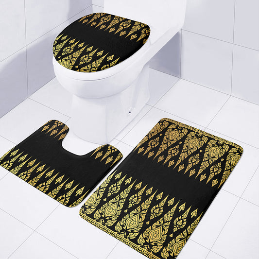 Gold And Black Thai Pattern Print 3 Piece Bath Mat Set