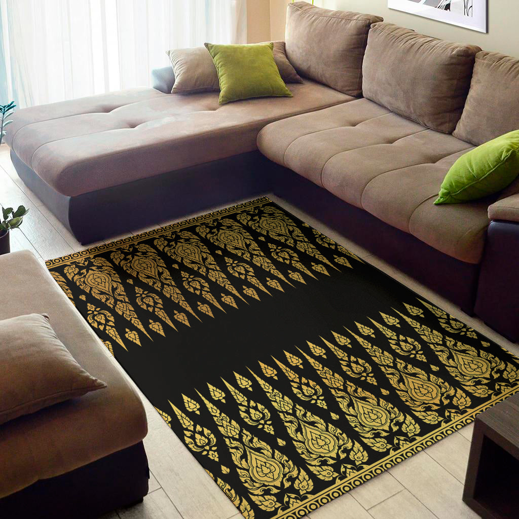 Gold And Black Thai Pattern Print Area Rug