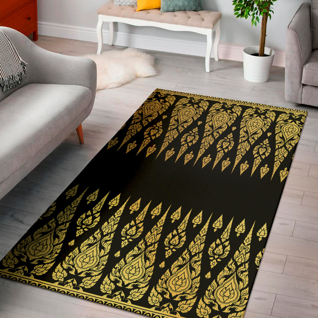 Gold And Black Thai Pattern Print Area Rug