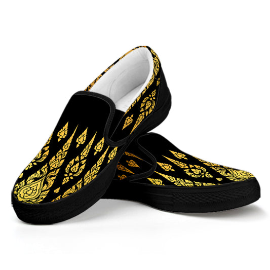 Gold And Black Thai Pattern Print Black Slip On Shoes