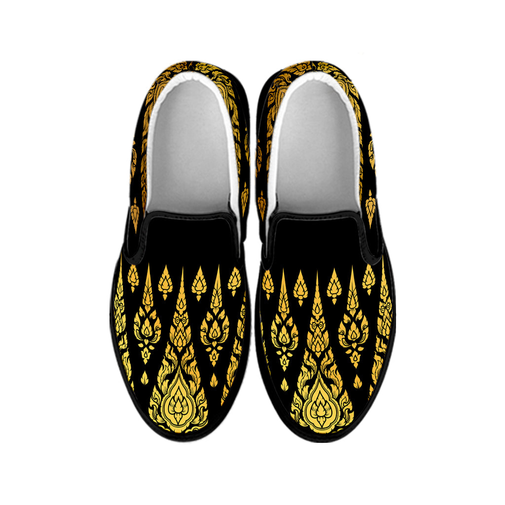 Gold And Black Thai Pattern Print Black Slip On Shoes