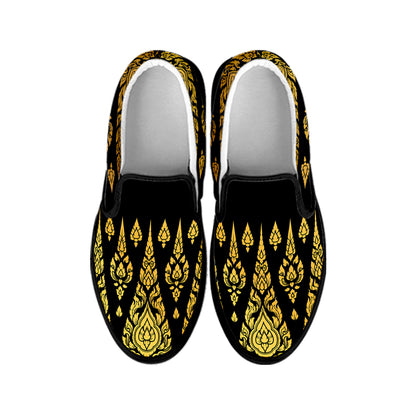Gold And Black Thai Pattern Print Black Slip On Shoes