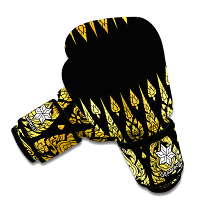 Gold And Black Thai Pattern Print Boxing Gloves