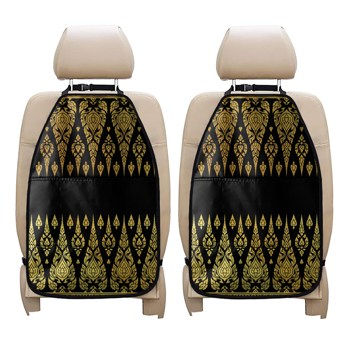 Gold And Black Thai Pattern Print Car Seat Organizers