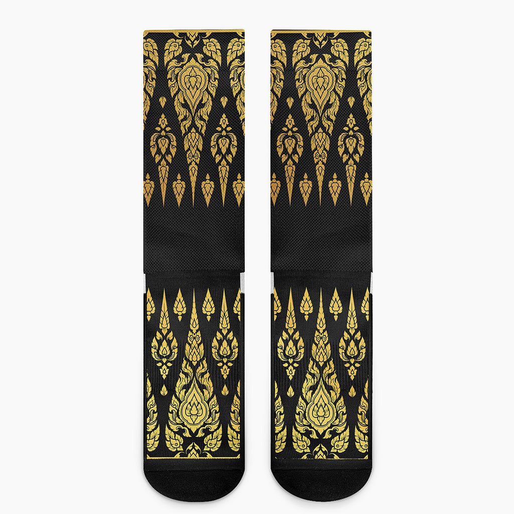 Gold And Black Thai Pattern Print Crew Socks