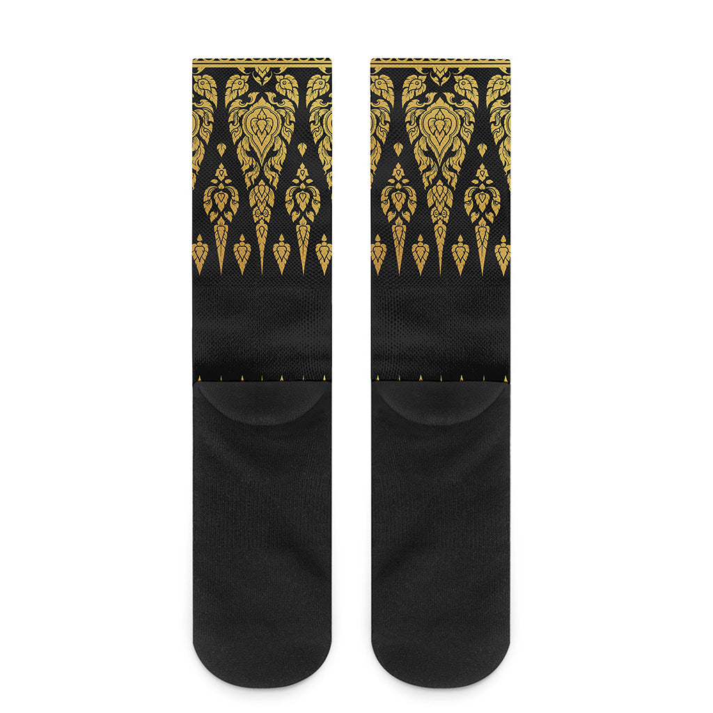 Gold And Black Thai Pattern Print Crew Socks