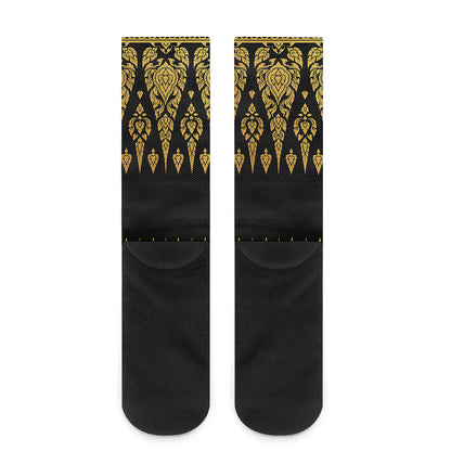 Gold And Black Thai Pattern Print Crew Socks