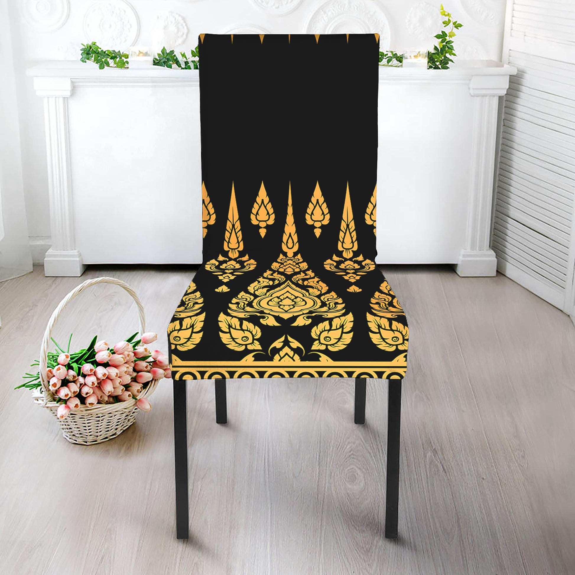 Gold And Black Thai Pattern Print Dining Chair Slipcover