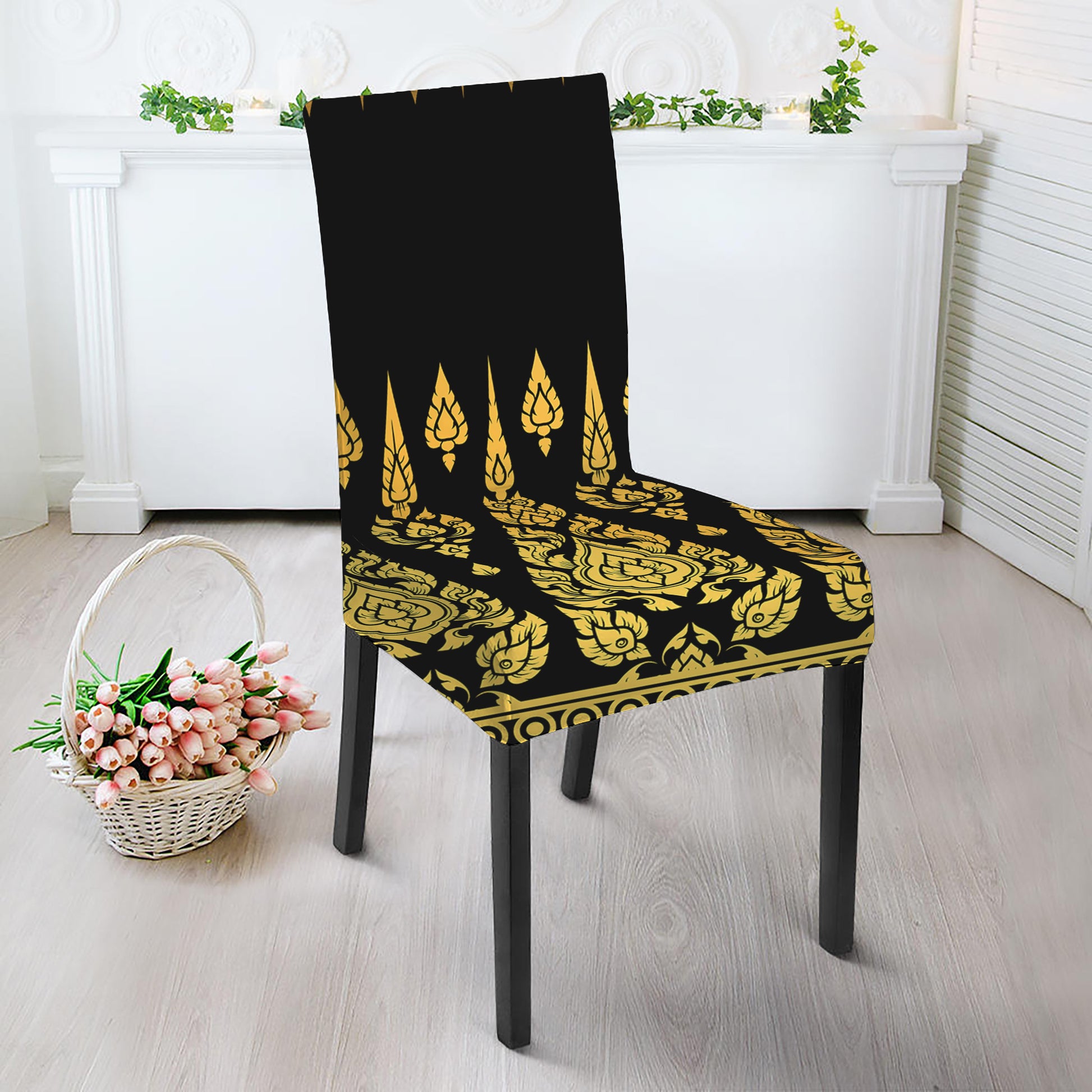 Gold And Black Thai Pattern Print Dining Chair Slipcover