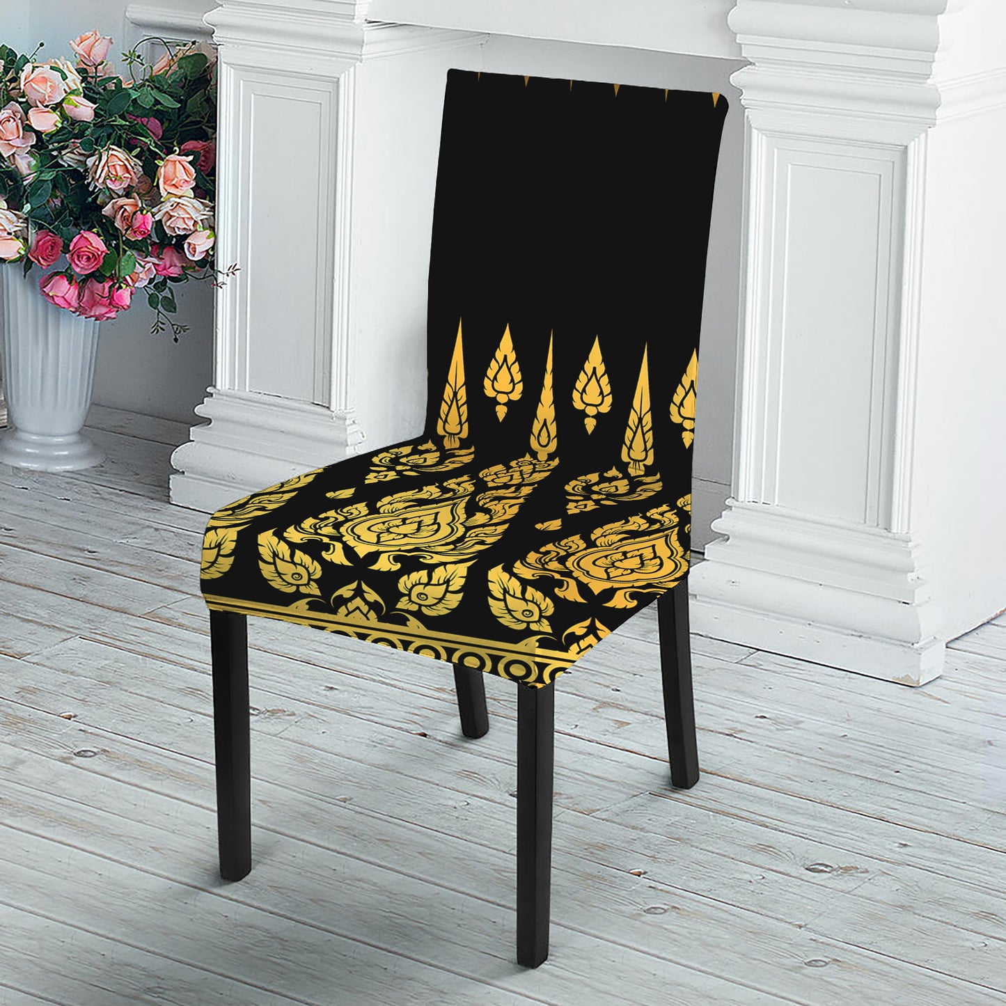 Gold And Black Thai Pattern Print Dining Chair Slipcover