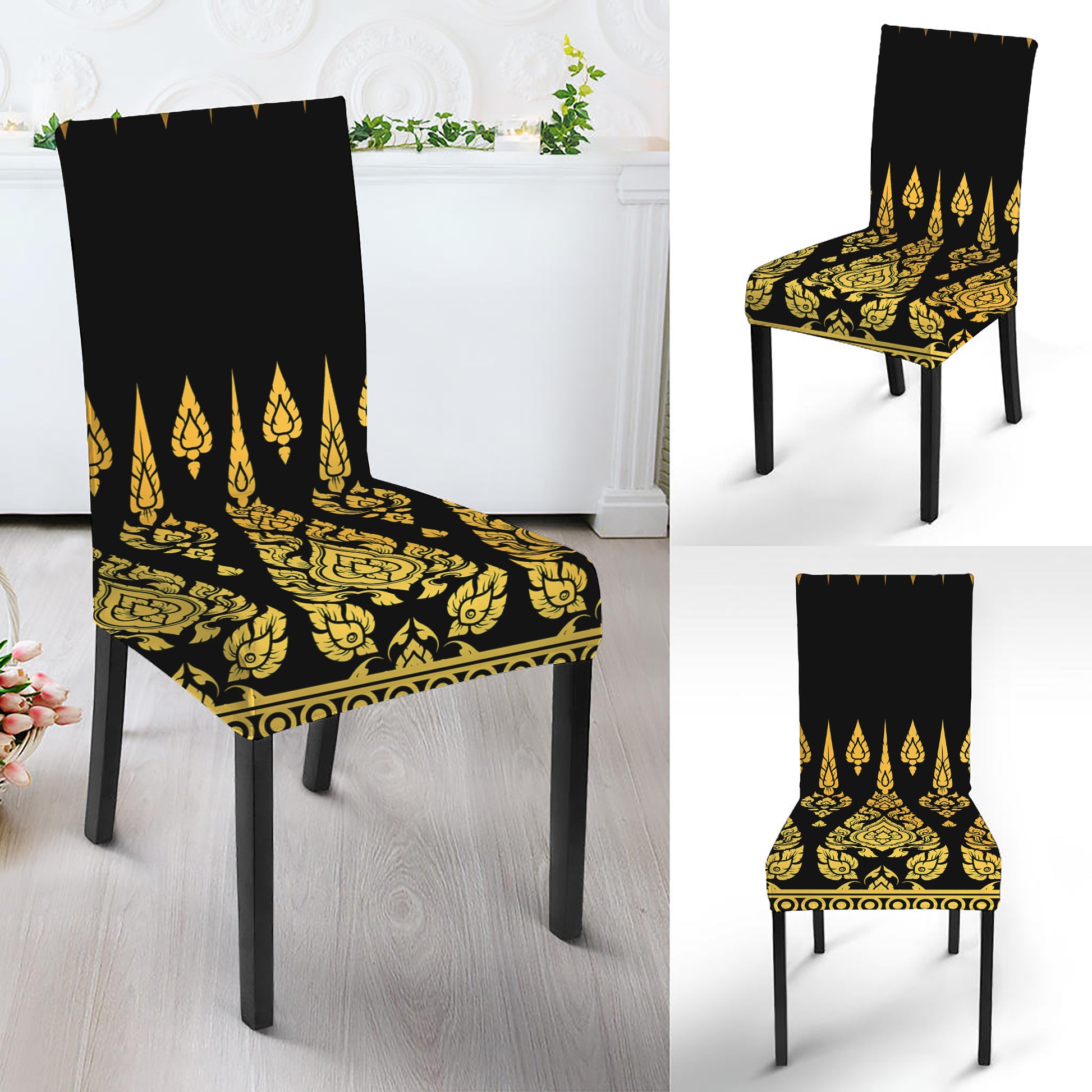 Gold And Black Thai Pattern Print Dining Chair Slipcover