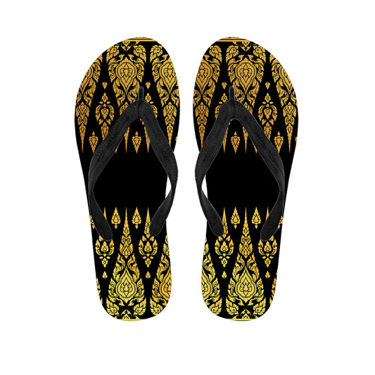 Gold And Black Thai Pattern Print Flip Flops