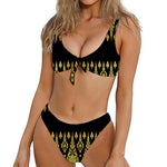 Gold And Black Thai Pattern Print Front Bow Tie Bikini