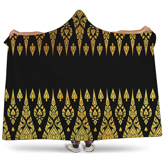 Gold And Black Thai Pattern Print Hooded Blanket