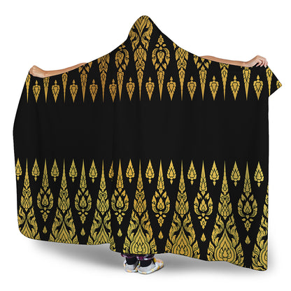 Gold And Black Thai Pattern Print Hooded Blanket
