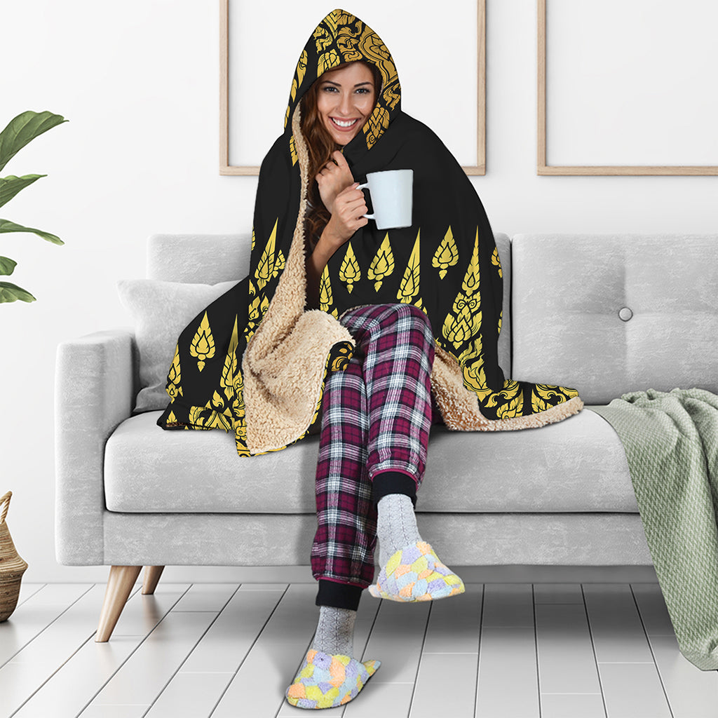Gold And Black Thai Pattern Print Hooded Blanket