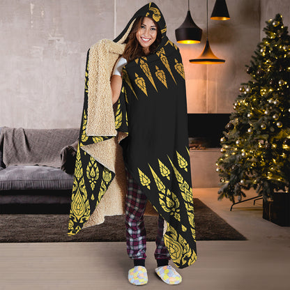 Gold And Black Thai Pattern Print Hooded Blanket
