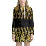 Gold And Black Thai Pattern Print Hoodie Dress