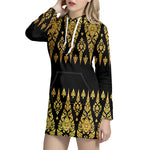 Gold And Black Thai Pattern Print Hoodie Dress
