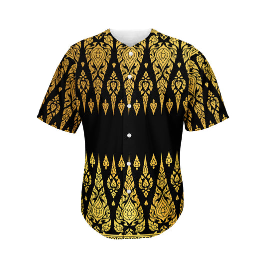 Gold And Black Thai Pattern Print Men's Baseball Jersey