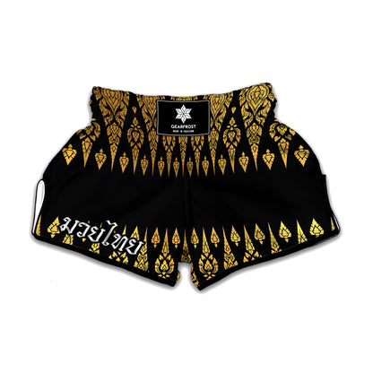 Gold And Black Thai Pattern Print Muay Thai Boxing Shorts