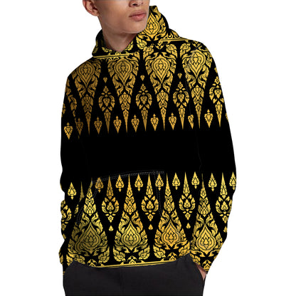 Gold And Black Thai Pattern Print Pullover Hoodie