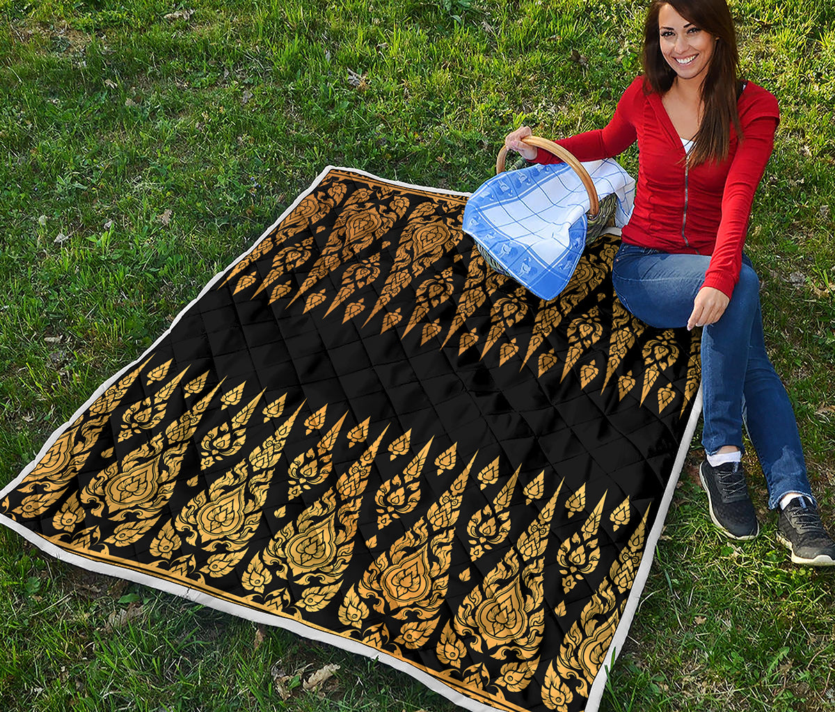 Gold And Black Thai Pattern Print Quilt