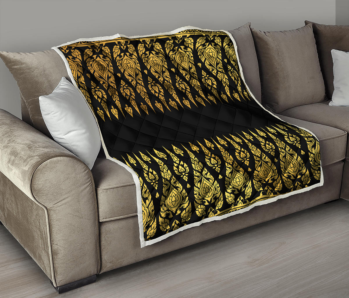 Gold And Black Thai Pattern Print Quilt