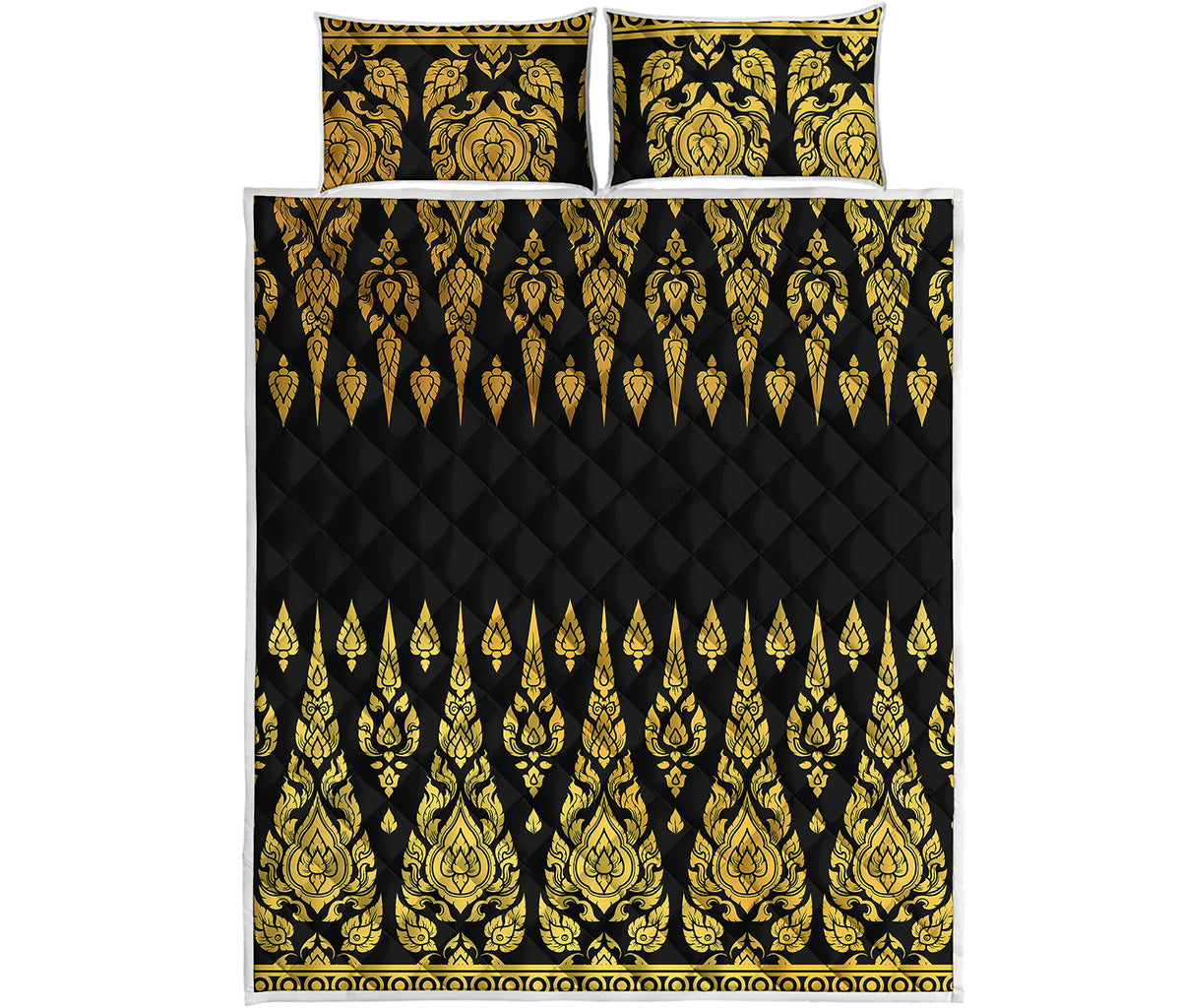 Gold And Black Thai Pattern Print Quilt Bed Set