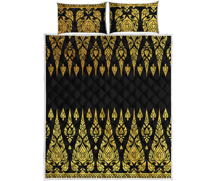 Gold And Black Thai Pattern Print Quilt Bed Set