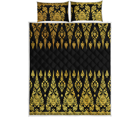 Gold And Black Thai Pattern Print Quilt Bed Set