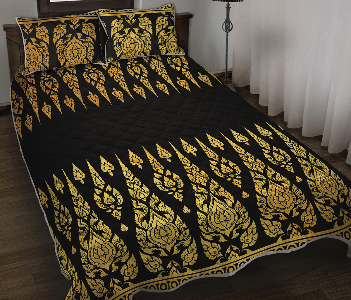 Gold And Black Thai Pattern Print Quilt Bed Set