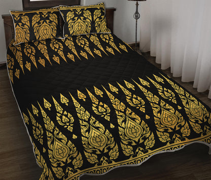 Gold And Black Thai Pattern Print Quilt Bed Set