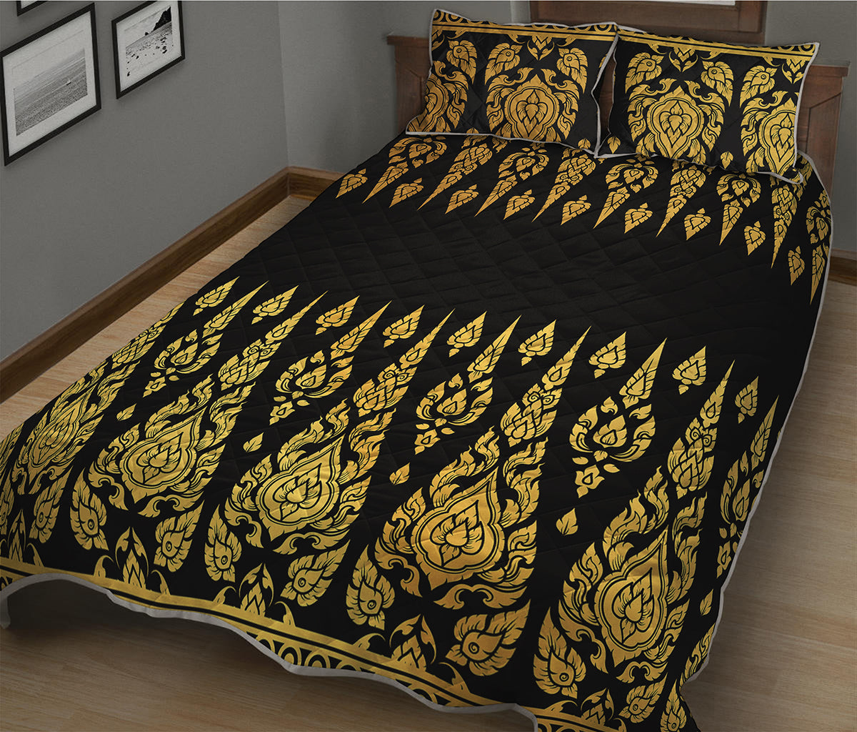 Gold And Black Thai Pattern Print Quilt Bed Set