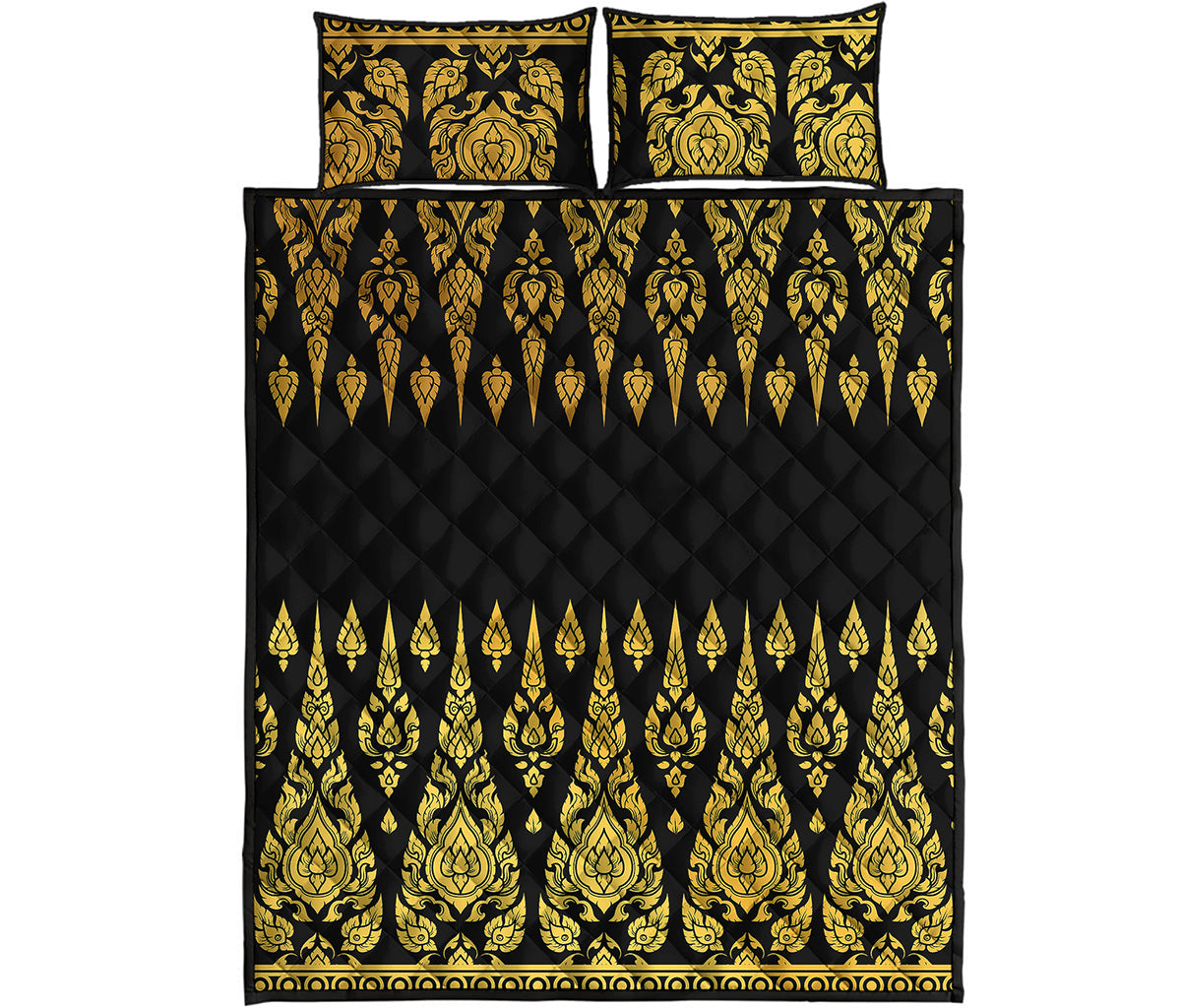 Gold And Black Thai Pattern Print Quilt Bed Set