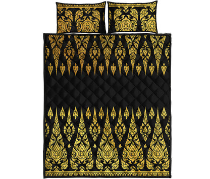 Gold And Black Thai Pattern Print Quilt Bed Set