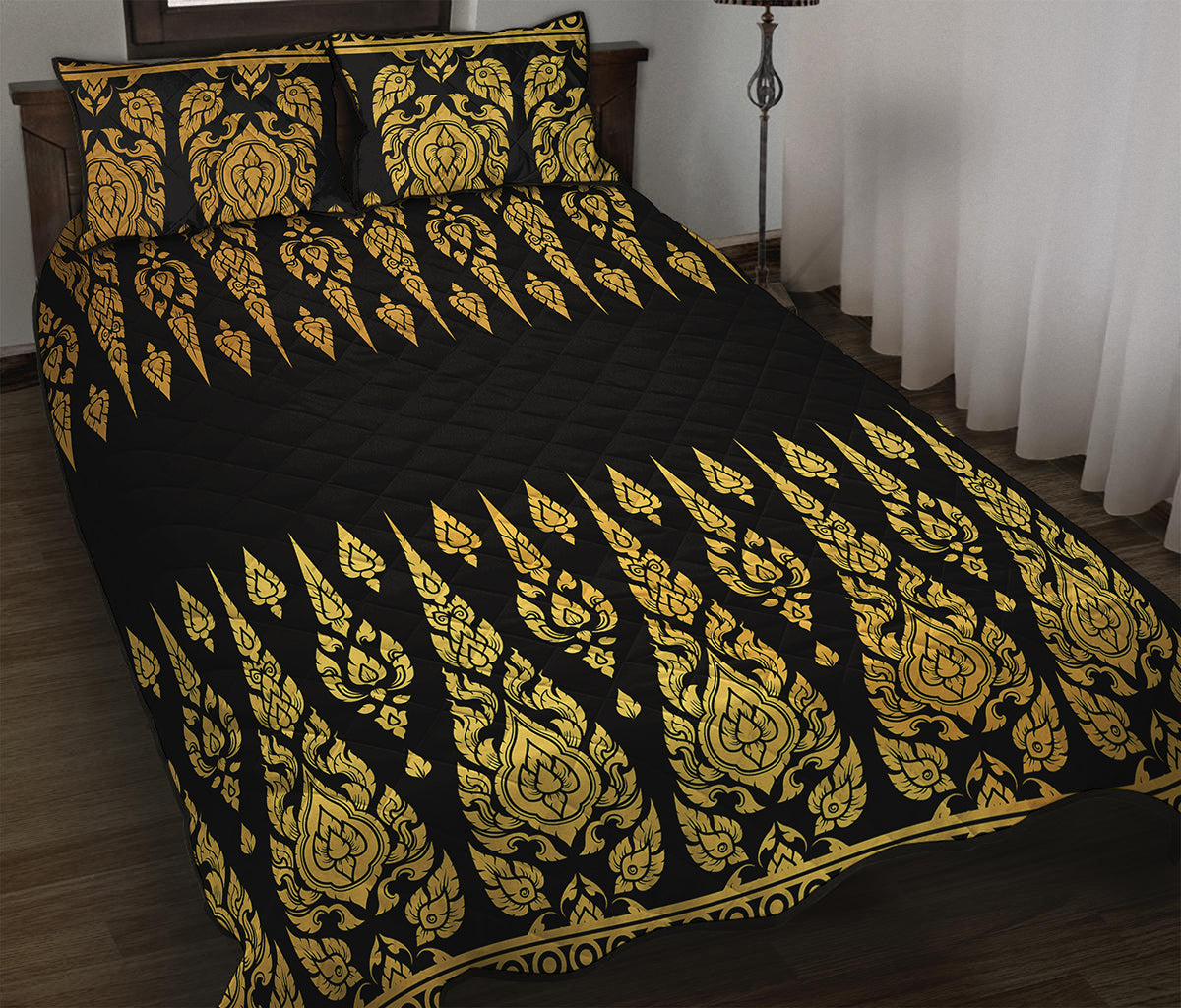 Gold And Black Thai Pattern Print Quilt Bed Set