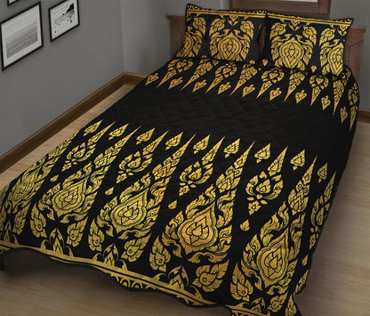 Gold And Black Thai Pattern Print Quilt Bed Set