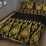 Gold And Black Thai Pattern Print Quilt Bed Set