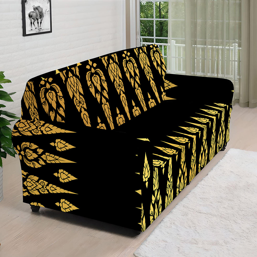 Gold And Black Thai Pattern Print Sofa Cover