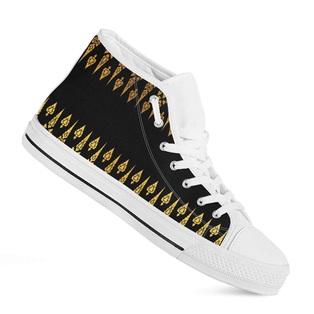 Gold And Black Thai Pattern Print White High Top Shoes