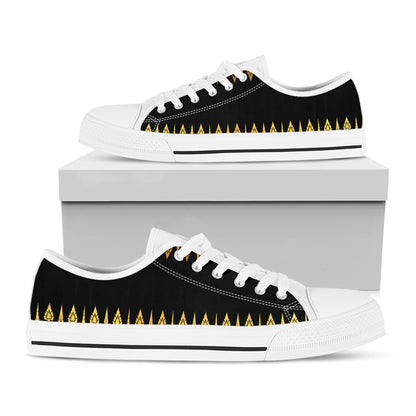 Gold And Black Thai Pattern Print White Low Top Shoes