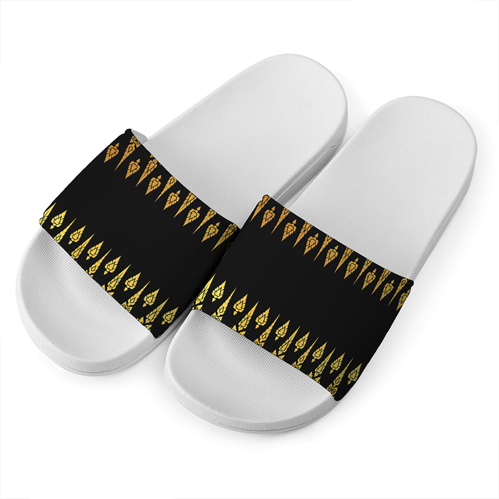 Gold And Black Thai Pattern Print White Slide Sandals