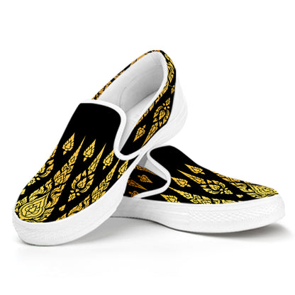 Gold And Black Thai Pattern Print White Slip On Shoes