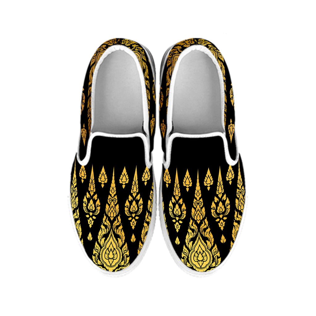 Gold And Black Thai Pattern Print White Slip On Shoes