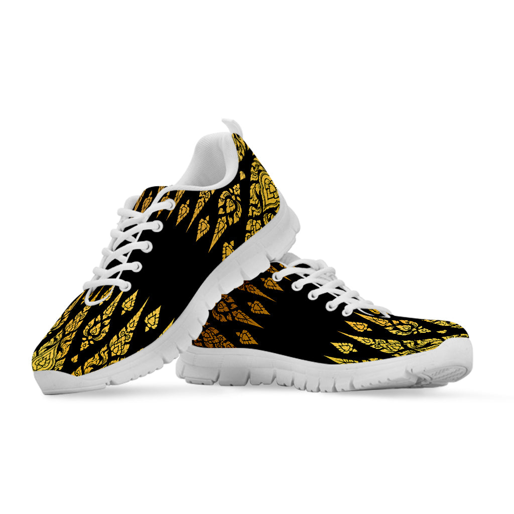 Gold And Black Thai Pattern Print White Sneakers